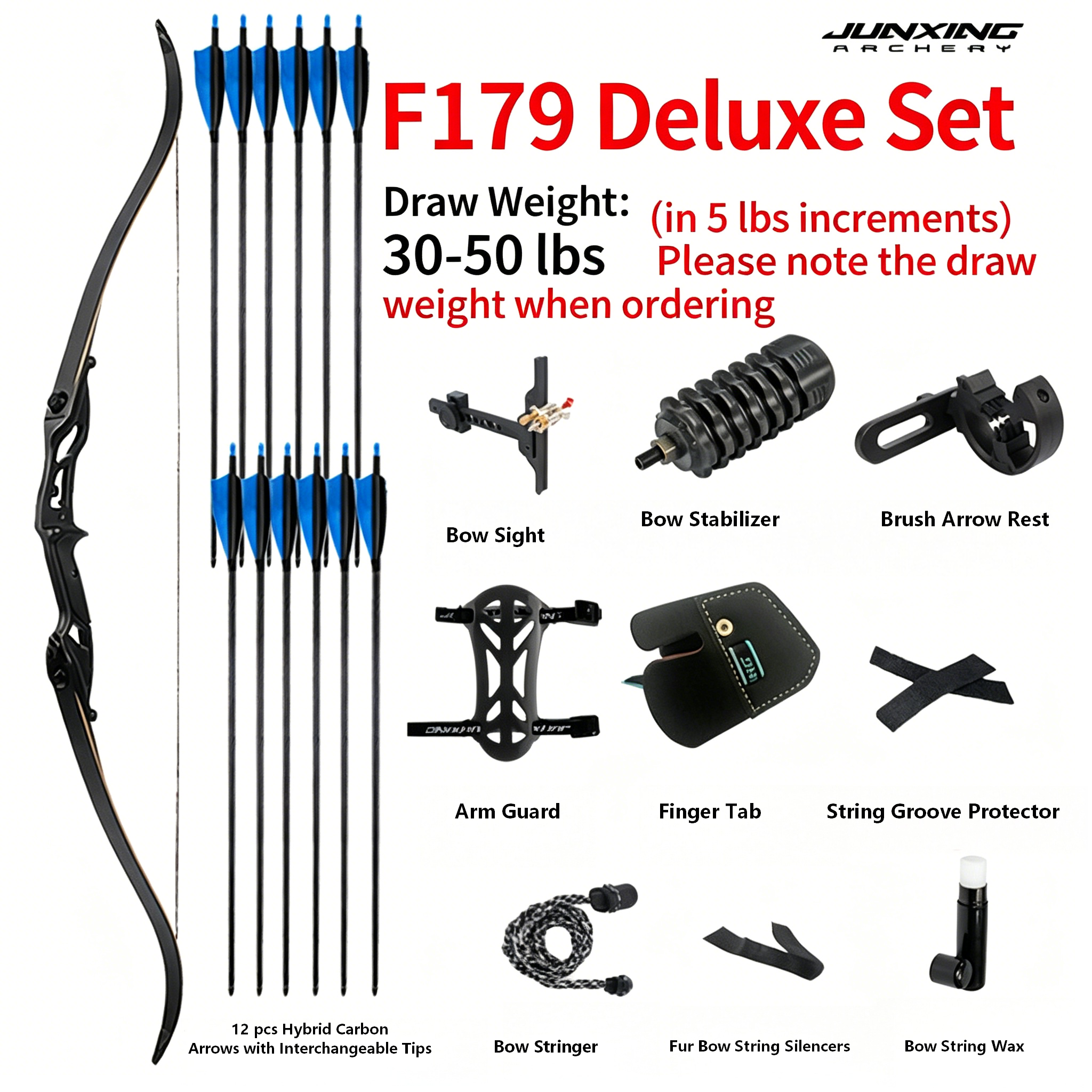 Junxing Huntsman Recurve Bow, American Hunting Bow, Barebow, Traditional Competitive Outdoor Archery Kit, Lingyun Archery