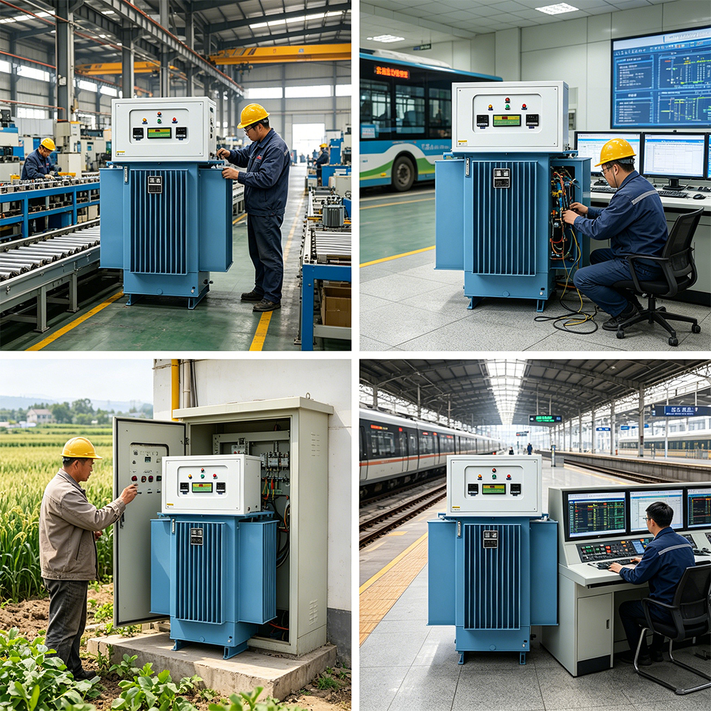 油浸式稳压器 100-3000KVA 三相 效率≥98% 无波形失真 输入范围 310-450V 输出电压 308V±10% 可调 油冷 适用于工业、农业、交通运输、军事、铁路等领域,油浸式稳压器