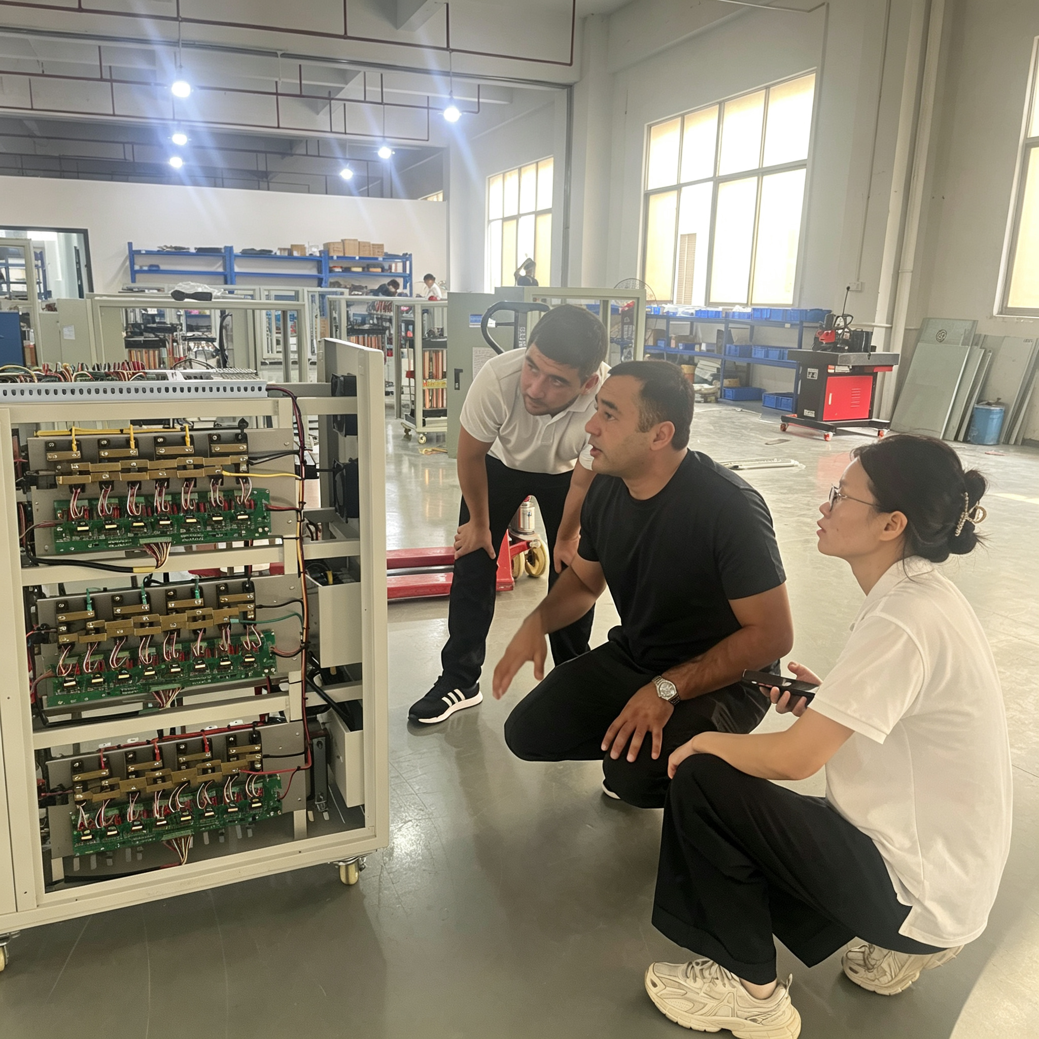 Armenian Client inspecting voltage stabilizers at Feixiangda factory