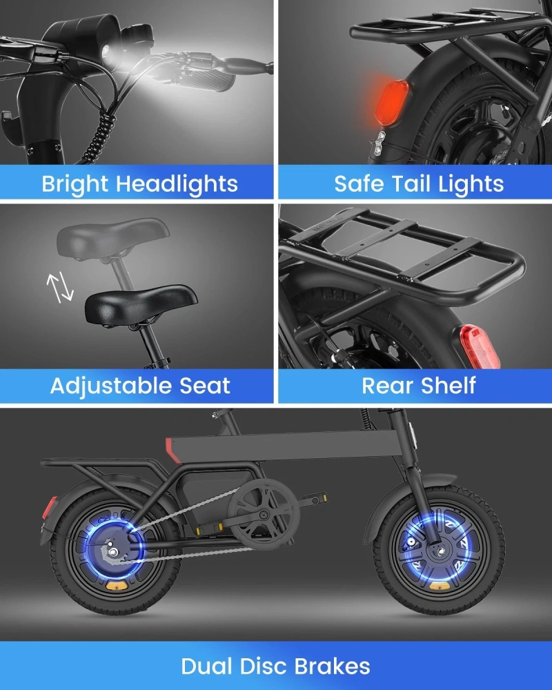 RA B20mini 14-inch Foldable Electric Bike 36V 7.8Ah - Dual Disc E-Bike with Pedals, Perfect Urban Commuter for Men & Women