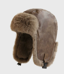 Maillard Style Outdoor Motorcycle Lei Feng Hat for Men, Retro Winter Thickened PU Leather Plush Ear Protection Cap, Warm Ski Hat for Women