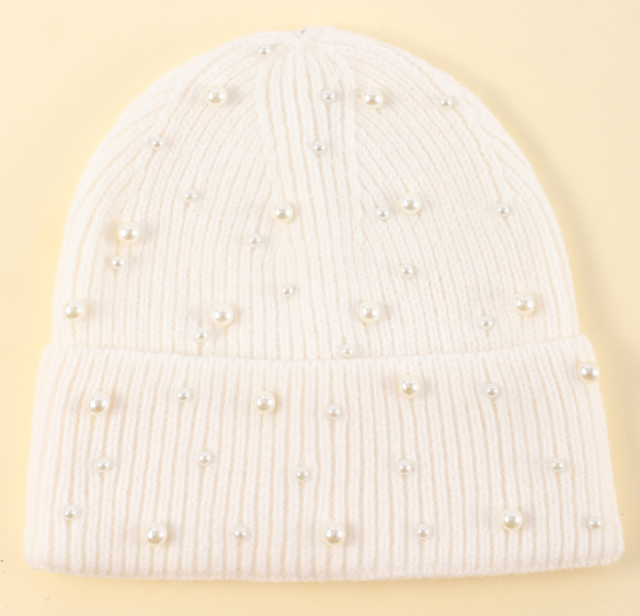 New Autumn Winter Korean Style Pearl Knitted Beanie for Women, Warm Stretch Beanie, Big Head Friendly Soft Thermal Hat