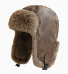 Maillard Style Outdoor Motorcycle Lei Feng Hat for Men, Retro Winter Thickened PU Leather Plush Ear Protection Cap, Warm Ski Hat for Women