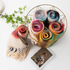 Luxury Maillard Plaid & Dopamine Rainbow Brushed Shawl Thick Warm Fuzzy Scarf for Women Winter