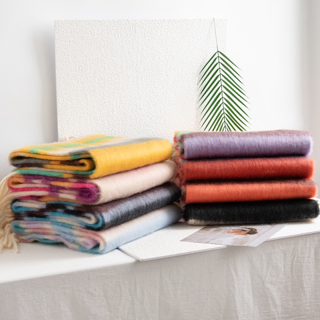 Luxury Maillard Plaid & Dopamine Rainbow Brushed Shawl Thick Warm Fuzzy Scarf for Women Winter