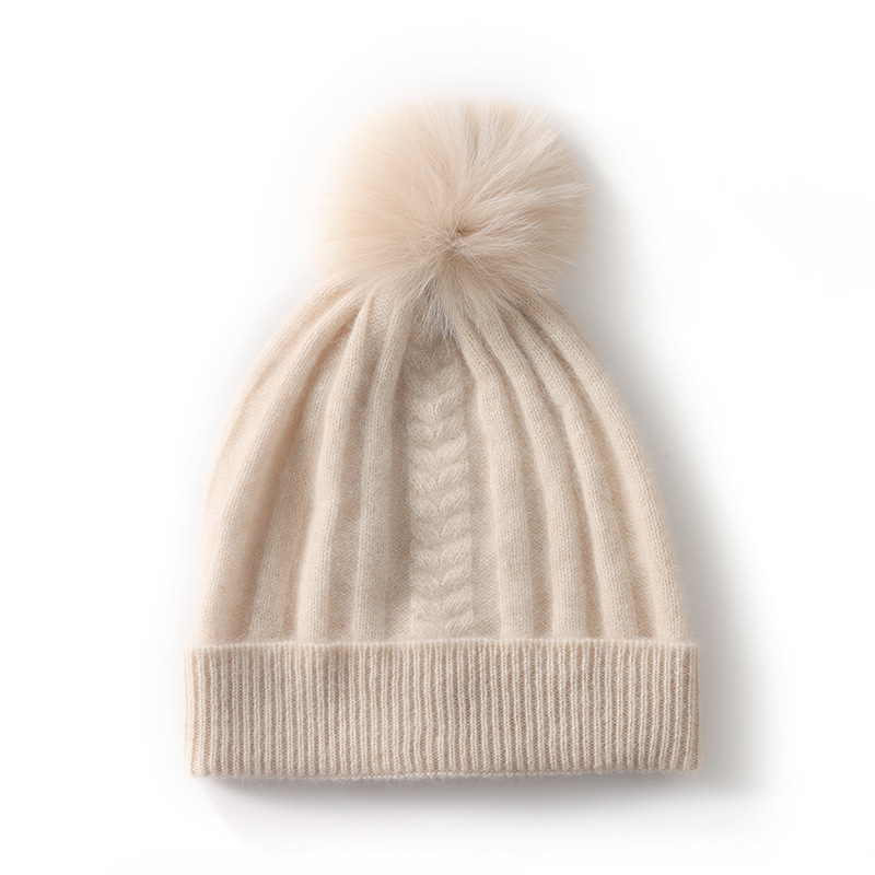 Pure Cashmere Knitted Pom Pom Beanie Korean Style Unisex Slouchy Warm Ear Protection Winter Cold Cap For Wholesale