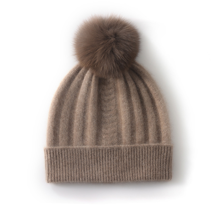 Pure Cashmere Knitted Pom Pom Beanie Korean Style Unisex Slouchy Warm Ear Protection Winter Cold Cap For Wholesale