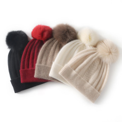Pure Cashmere Knitted Pom Pom Beanie Korean Style Unisex Slouchy Warm Ear Protection Winter Cold Cap For Wholesale