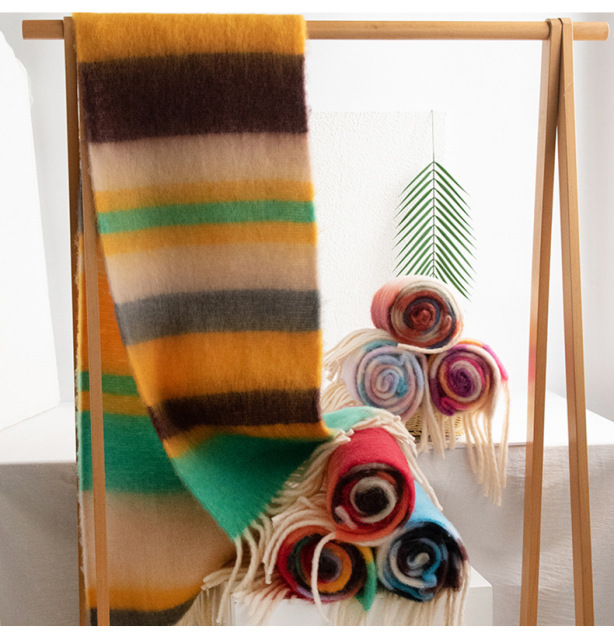 Luxury Maillard Plaid & Dopamine Rainbow Brushed Shawl Thick Warm Fuzzy Scarf for Women Winter