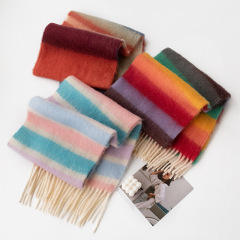 Luxury Maillard Plaid & Dopamine Rainbow Brushed Shawl Thick Warm Fuzzy Scarf for Women Winter