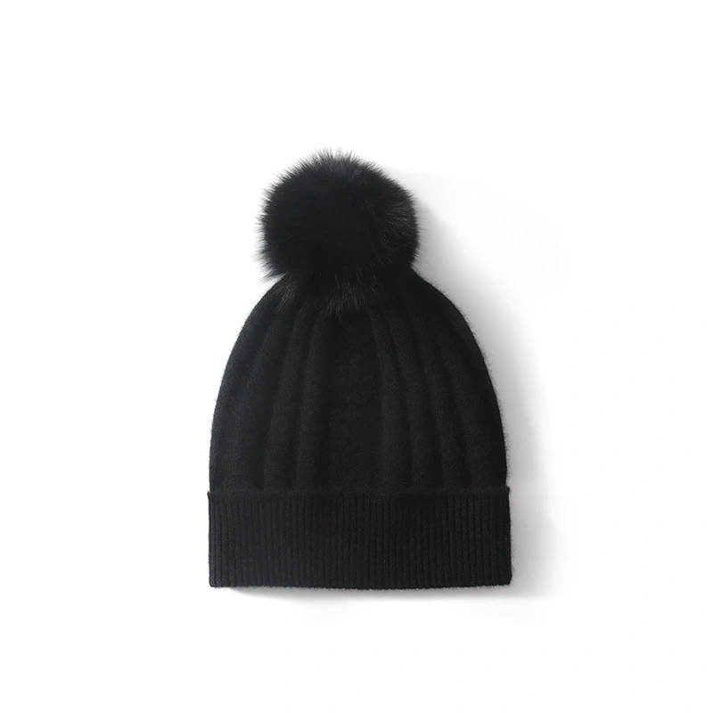 Pure Cashmere Knitted Pom Pom Beanie Korean Style Unisex Slouchy Warm Ear Protection Winter Cold Cap For Wholesale