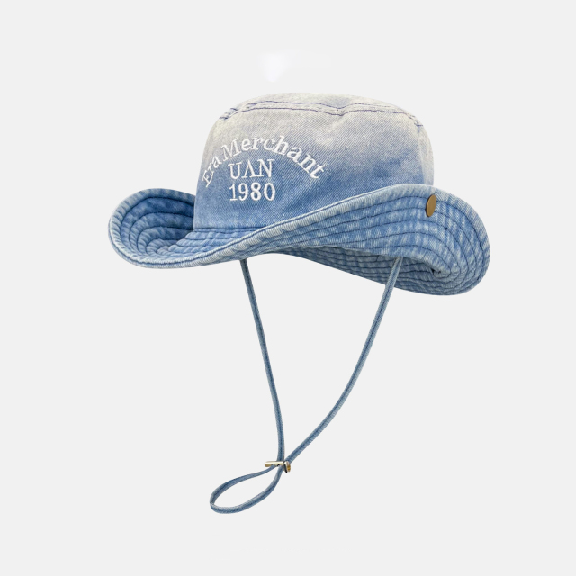 Vintage Washed Denim Bucket Hat "Era Merchant 1980" Embroidered Retro Fisherman Cap for Men Women