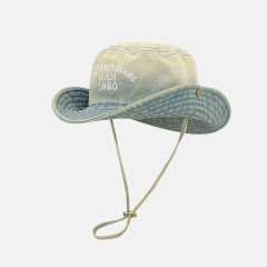 Vintage Washed Denim Bucket Hat "Era Merchant 1980" Embroidered Retro Fisherman Cap for Men Women