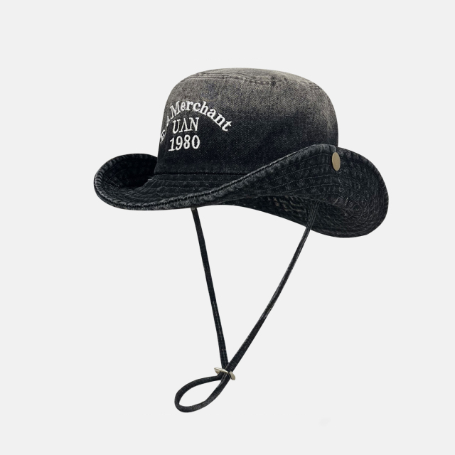 Vintage Washed Denim Bucket Hat "Era Merchant 1980" Embroidered Retro Fisherman Cap for Men Women