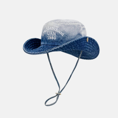 Vintage Washed Denim Bucket Hat "Era Merchant 1980" Embroidered Retro Fisherman Cap for Men Women