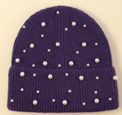 New Autumn Winter Korean Style Pearl Knitted Beanie for Women, Warm Stretch Beanie, Big Head Friendly Soft Thermal Hat