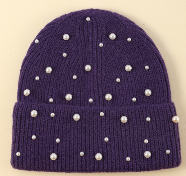 New Autumn Winter Korean Style Pearl Knitted Beanie for Women, Warm Stretch Beanie, Big Head Friendly Soft Thermal Hat
