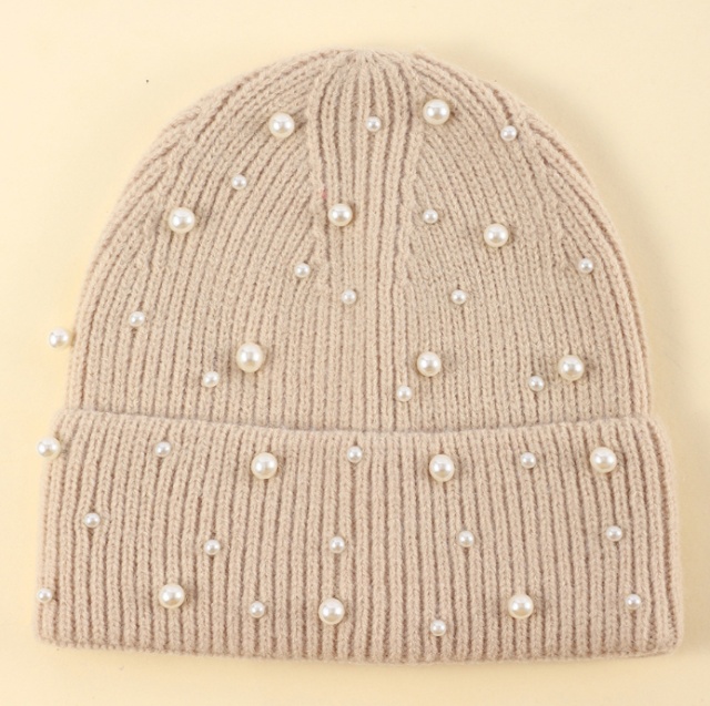 New Autumn Winter Korean Style Pearl Knitted Beanie for Women, Warm Stretch Beanie, Big Head Friendly Soft Thermal Hat