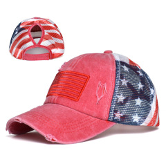 Women's Washed Cotton Distressed American Flag Trucker Cap Ponytail Friendly Velcro Sun Hat