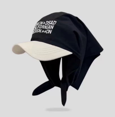 2026 New Summer Fashion Two-Tone Baseball Cap with Scarf Tie, Trendy Sun Protection Hat, Large Brim Letter Design Personality Headscarf