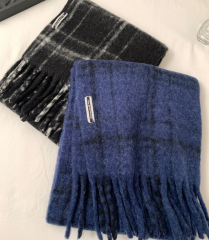 Women's Blue Mohair Plaid Scarf 2025 New Autumn Winter Korean Style Luxury Thick Warm Scarf Shawl