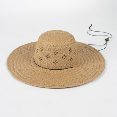 Spring Summer Handwoven Hollow Floral Large Brim Straw Hat Women's Sunhat with Tie Rope