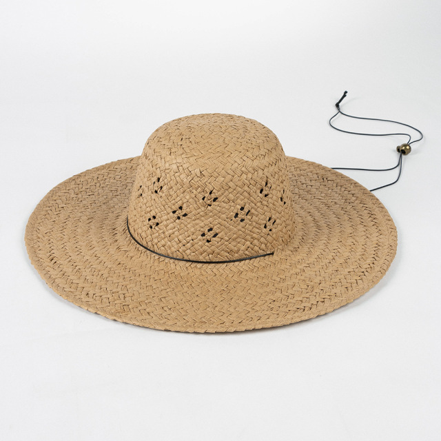 Spring Summer Handwoven Hollow Floral Large Brim Straw Hat Women's Sunhat with Tie Rope