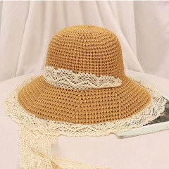 Lace Trim Hollow Straw Hat with Bow Tie Strap – Summer Beach Sun Protection Hat for Women