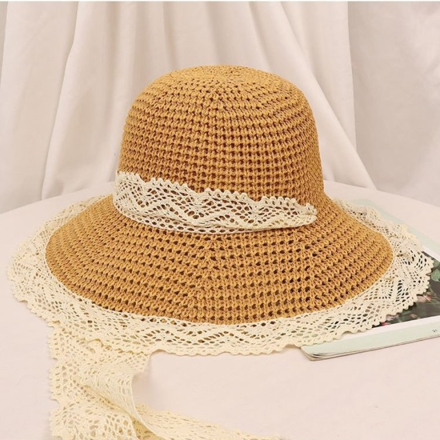 Lace Trim Hollow Straw Hat with Bow Tie Strap – Summer Beach Sun Protection Hat for Women