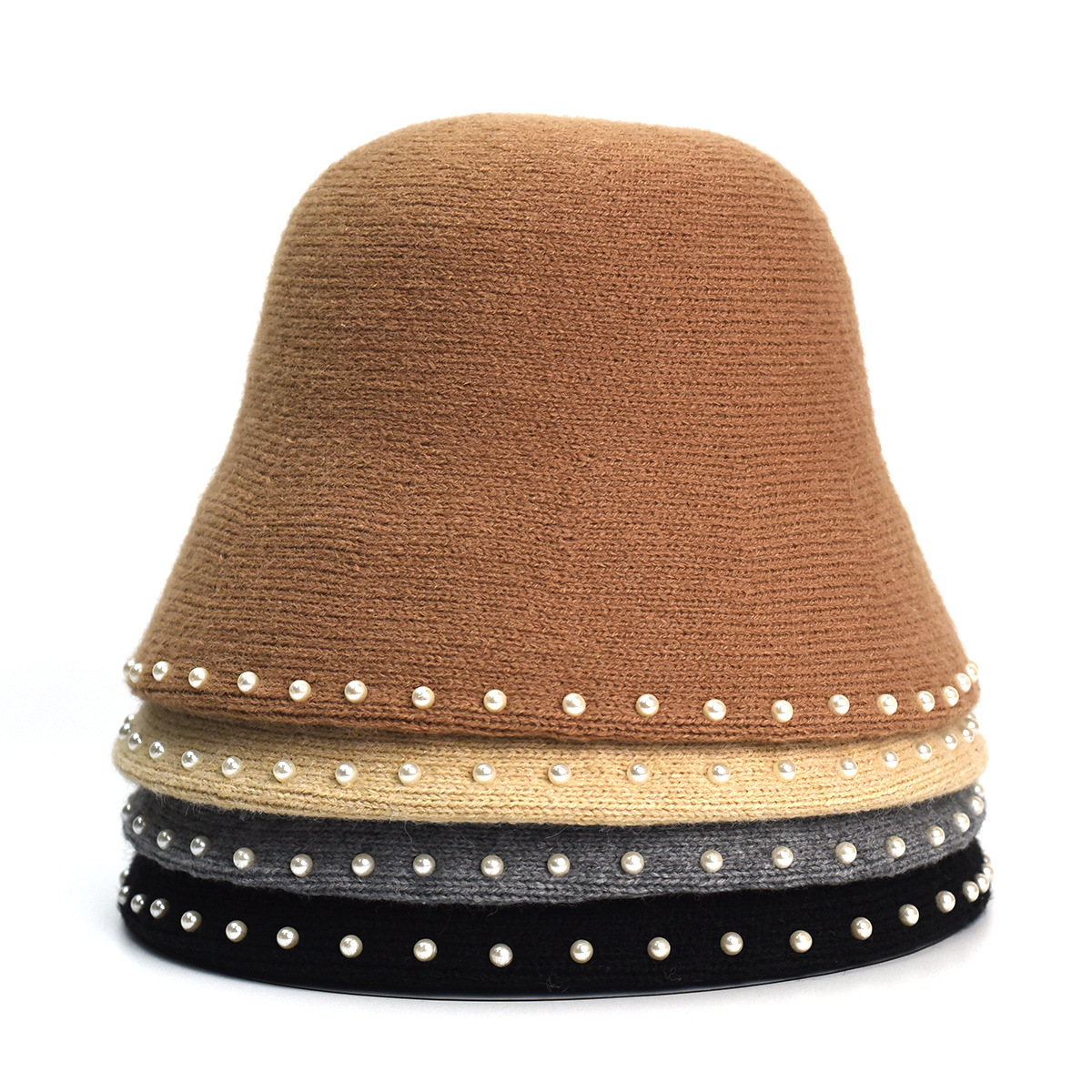 Women's Pearl Wool Bucket Hat Luxury Tweed Style Winter Thick Knit Fisherman Cap Japanese Chic Face Slimming Warm Hat