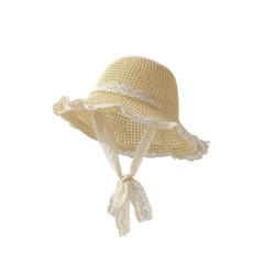 Lace Trim Hollow Straw Hat with Bow Tie Strap – Summer Beach Sun Protection Hat for Women