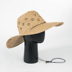 Spring Summer Handwoven Hollow Floral Large Brim Straw Hat Women's Sunhat with Tie Rope