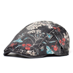 Women's Ethnic Style Printed Beret British Vintage Korean Fashion Washed Denim Duckbill Cap Casual Forward Hat Trendy
