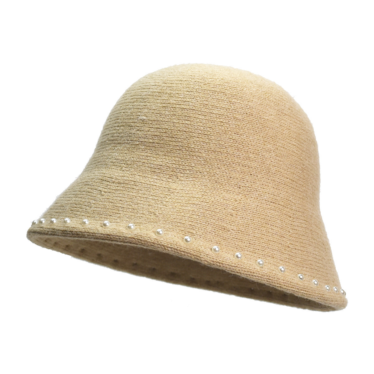 Women's Pearl Wool Bucket Hat Luxury Tweed Style Winter Thick Knit Fisherman Cap Japanese Chic Face Slimming Warm Hat