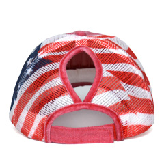 Women's Washed Cotton Distressed American Flag Trucker Cap Ponytail Friendly Velcro Sun Hat