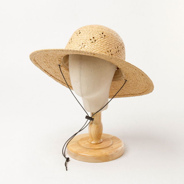 Spring Summer Handwoven Hollow Floral Large Brim Straw Hat Women's Sunhat with Tie Rope