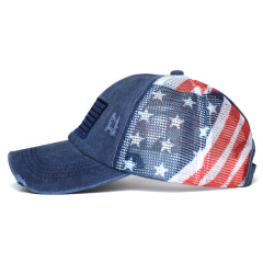 Women's Washed Cotton Distressed American Flag Trucker Cap Ponytail Friendly Velcro Sun Hat