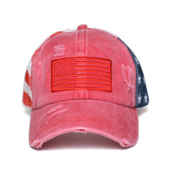 Women's Washed Cotton Distressed American Flag Trucker Cap Ponytail Friendly Velcro Sun Hat