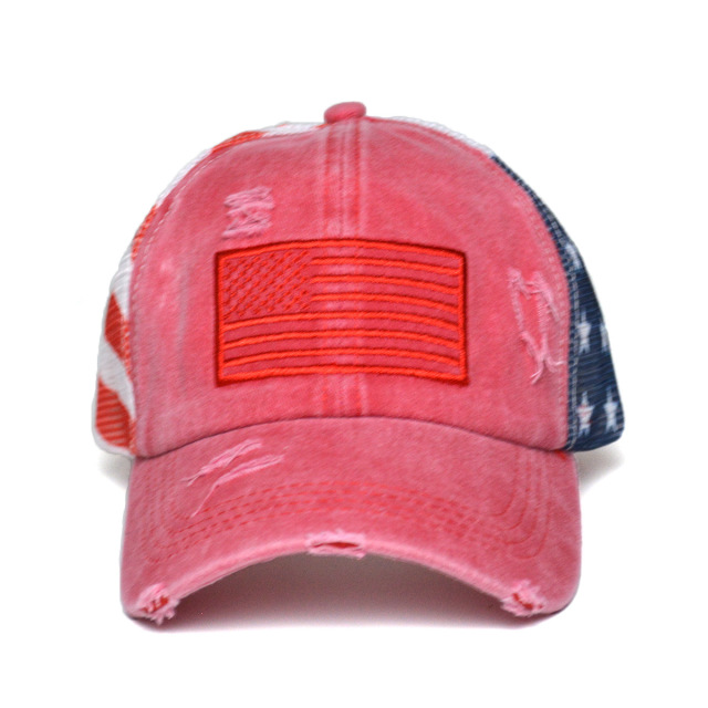 Women's Washed Cotton Distressed American Flag Trucker Cap Ponytail Friendly Velcro Sun Hat