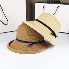 Hepburn Style Small Brim Foldable Straw Bucket Hat for Women