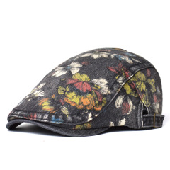 Women's Ethnic Style Printed Beret British Vintage Korean Fashion Washed Denim Duckbill Cap Casual Forward Hat Trendy