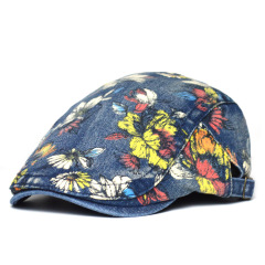 Women's Ethnic Style Printed Beret British Vintage Korean Fashion Washed Denim Duckbill Cap Casual Forward Hat Trendy