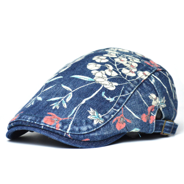 Women's Ethnic Style Printed Beret British Vintage Korean Fashion Washed Denim Duckbill Cap Casual Forward Hat Trendy