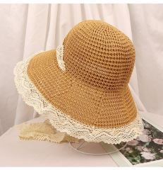 Lace Trim Hollow Straw Hat with Bow Tie Strap – Summer Beach Sun Protection Hat for Women