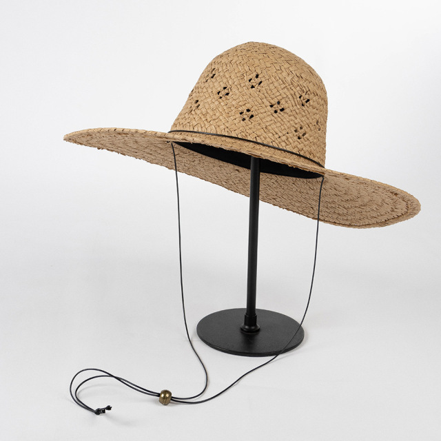 Spring Summer Handwoven Hollow Floral Large Brim Straw Hat Women's Sunhat with Tie Rope