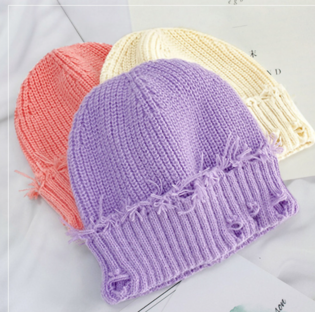 Custom Logo Knitted Beanie Korean Style Trendy Solid Color Distressed Cold Hat Autumn Winter Warm Skull Cap For Women Men