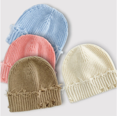 Custom Logo Knitted Beanie Korean Style Trendy Solid Color Distressed Cold Hat Autumn Winter Warm Skull Cap For Women Men