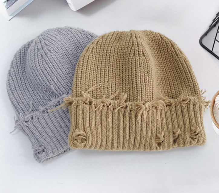 Custom Logo Knitted Beanie Korean Style Trendy Solid Color Distressed Cold Hat Autumn Winter Warm Skull Cap For Women Men