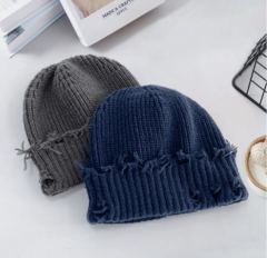Custom Logo Knitted Beanie Korean Style Trendy Solid Color Distressed Cold Hat Autumn Winter Warm Skull Cap For Women Men