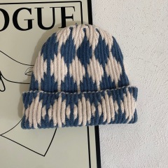 Autumn Winter Retro Color Block Rhombus Knit Beanie for Men Women Warm Ear Protection Knitted Hat Fashion Casual Skull Cap